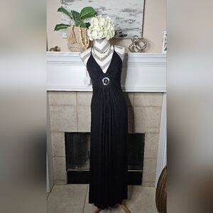 Sky Black Halter Maxi Gown with Embroidered Waist M